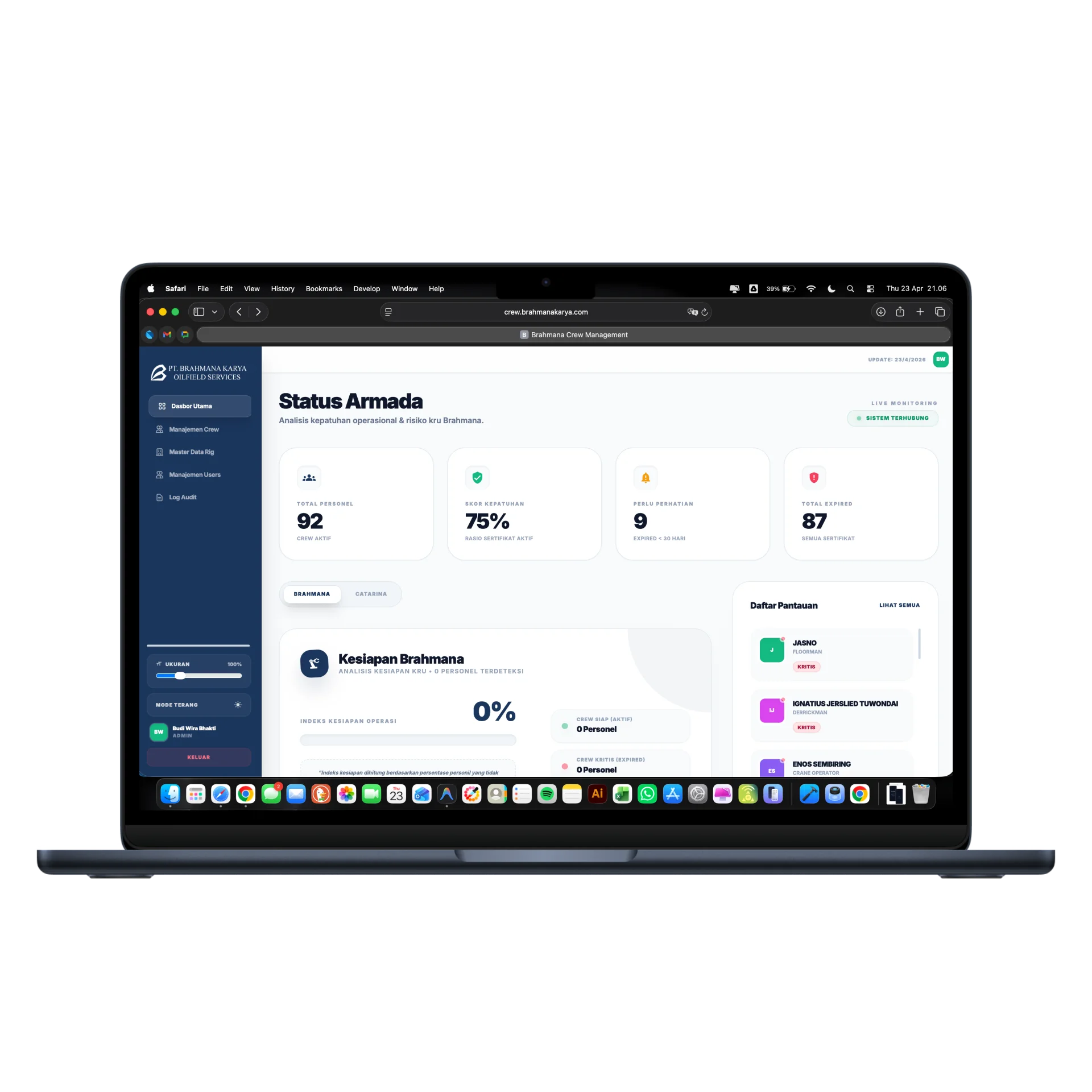 Mockup aplikasi Brahmana Crew & Certificate Management - Sistem Manajemen Crew & Sertifikasi Kapal