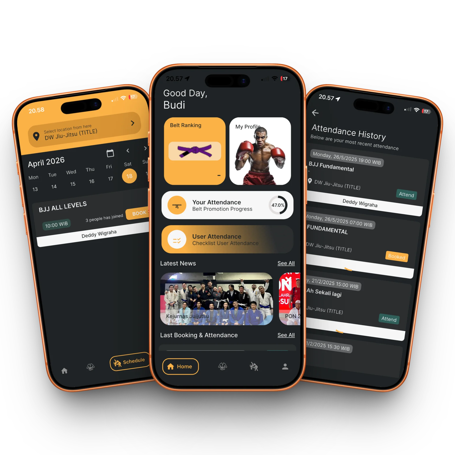 Mockup aplikasi DW BJJ - Martial Arts Management