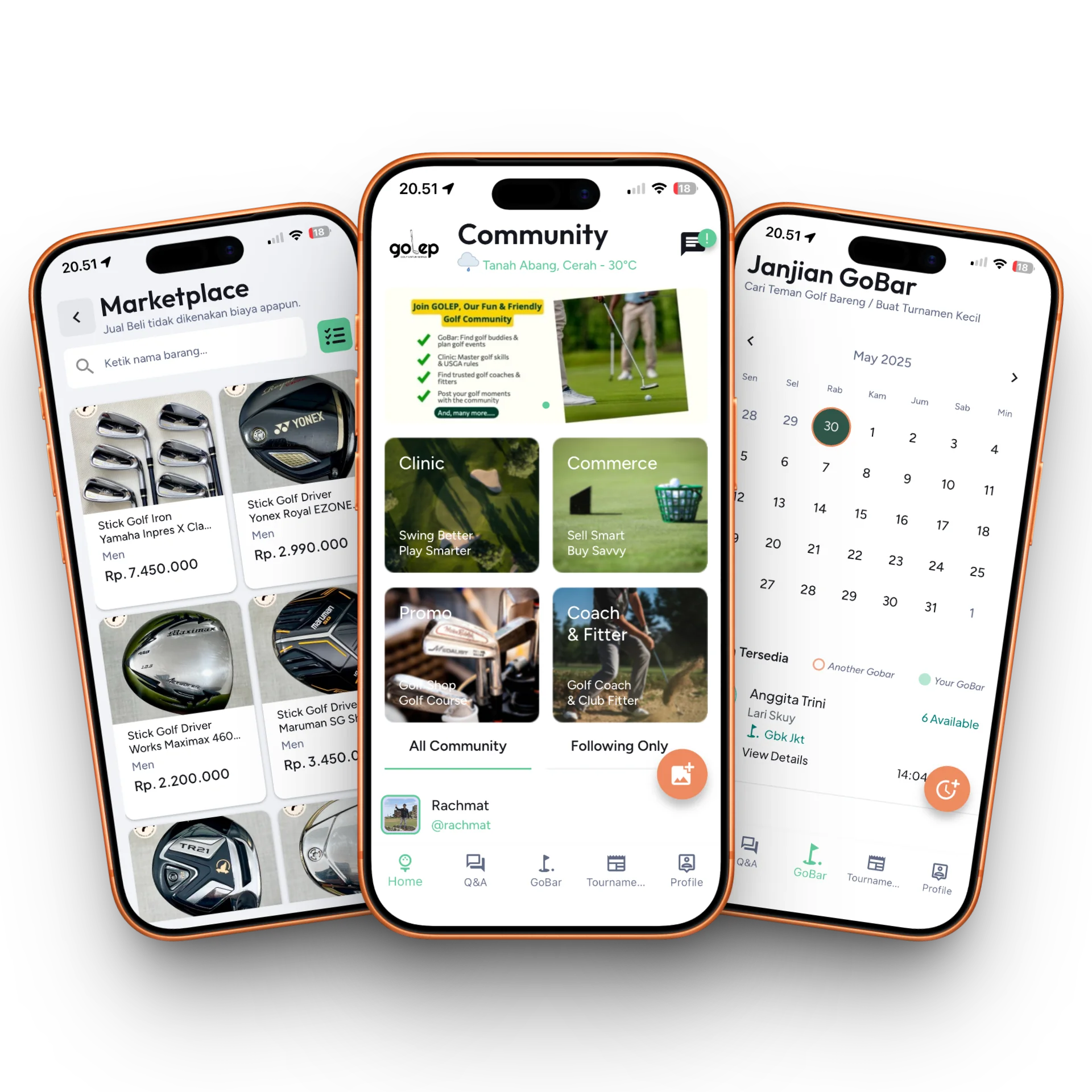 Mockup aplikasi Golep - Golf Community Platform