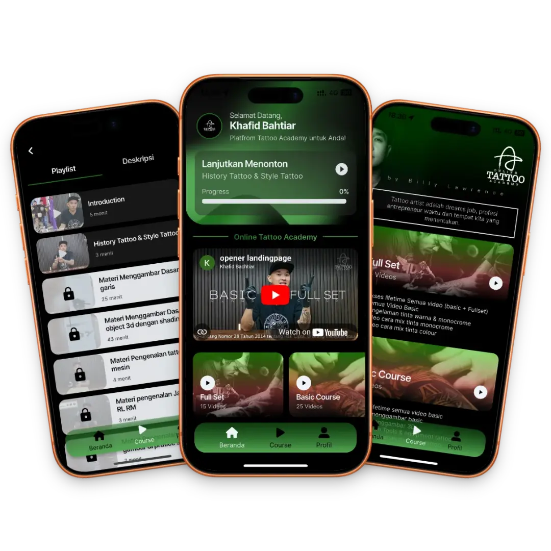 Mockup aplikasi Online Tattoo Academy - E-Learning Platform